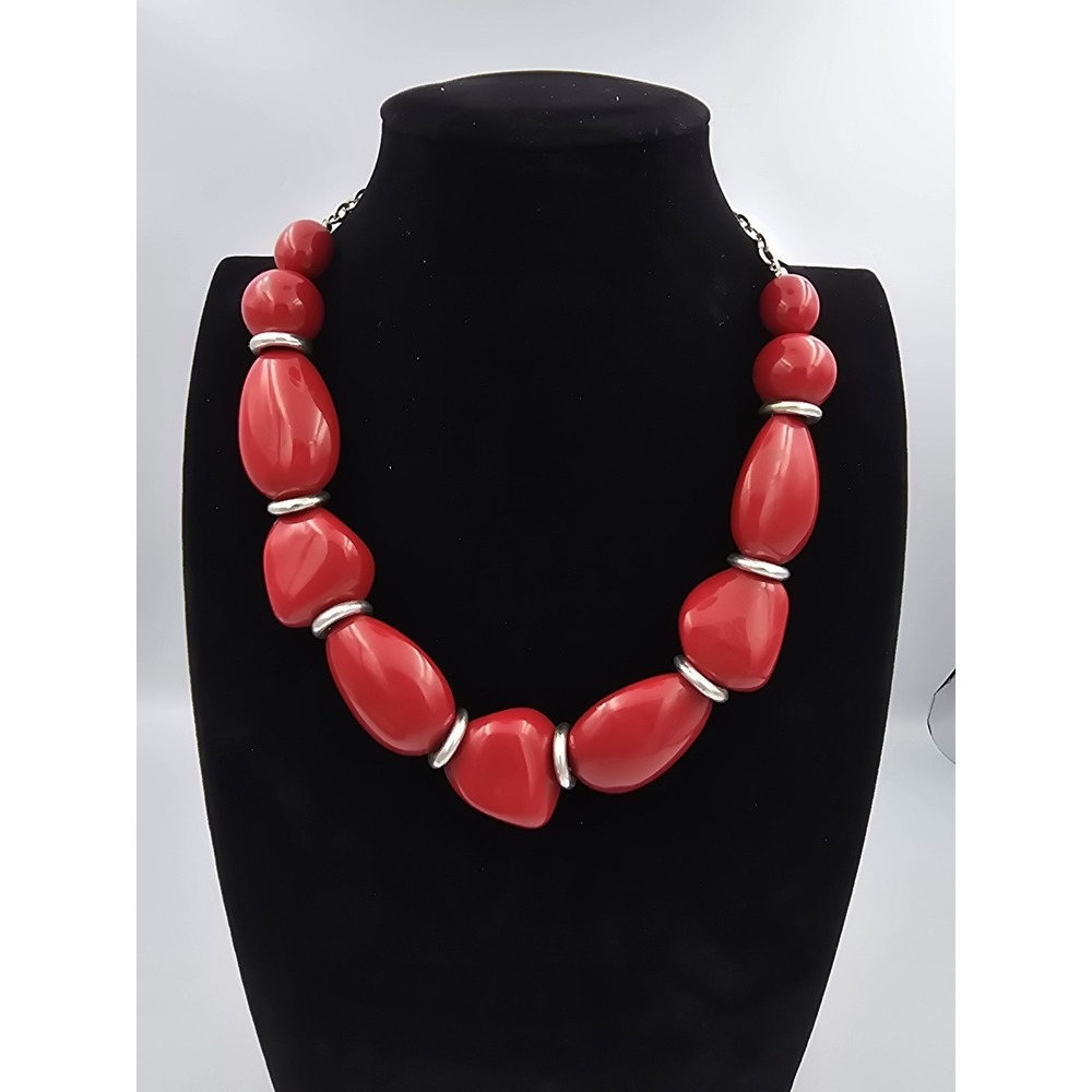 Red Statement Necklace Chunky Beaded Fashion Jewelry Adjustable 80s Vintage
